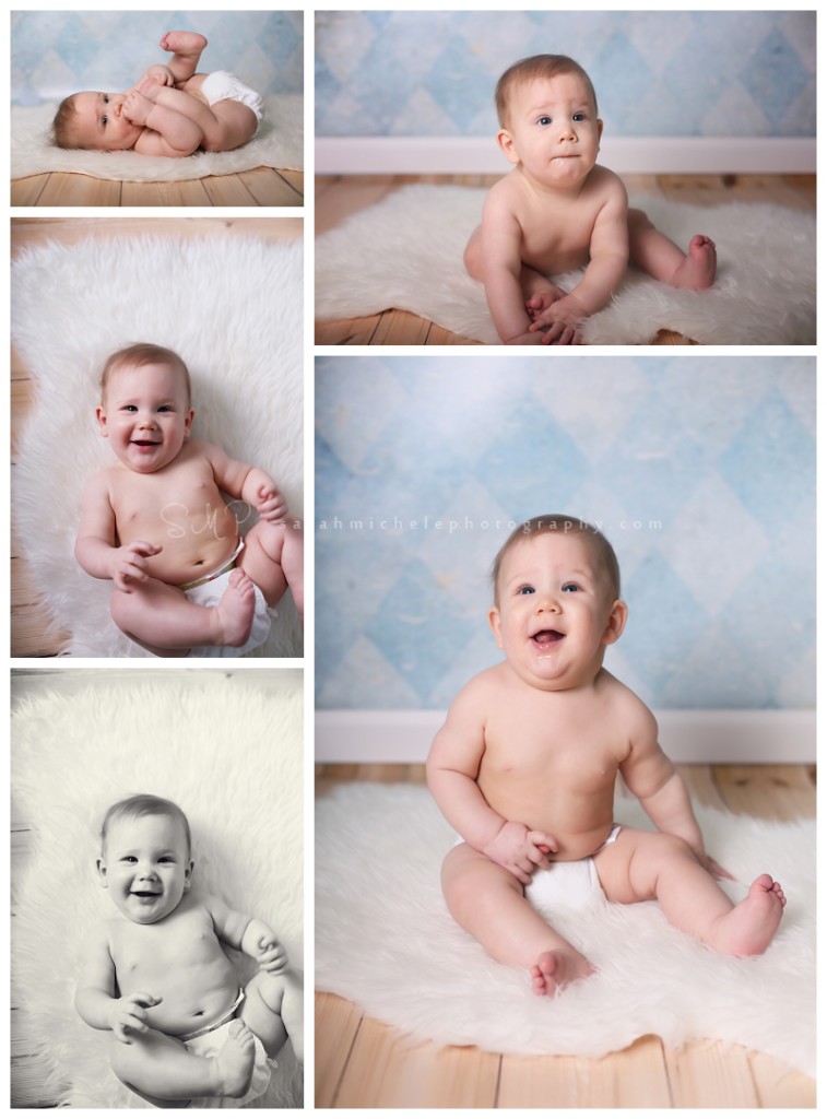 6 month photos in diaper on flokati 