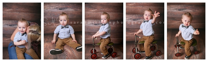 little boy on trike and barnwood 