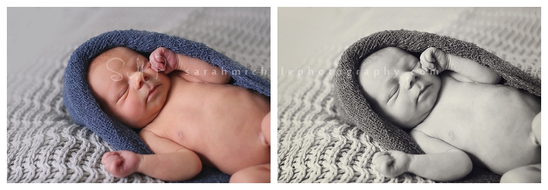 newborn in blue stretch wrap