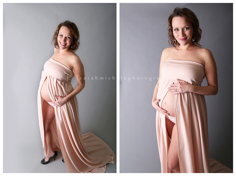 Maternity portraits pink gown grey backdrop 
