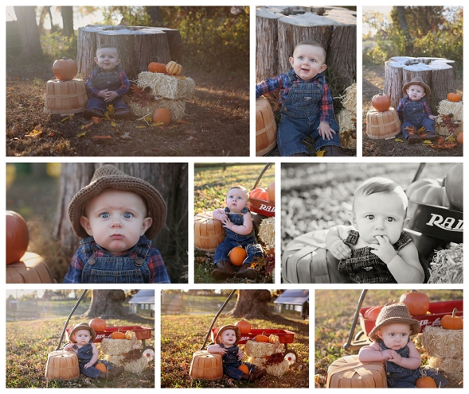 Annapolis Family Photographer 6 month old boy dressed like farmer fall, pumkins