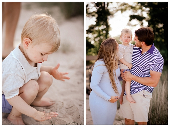 Pregnant mother and her young son walking hand in hand along the beach during a sunset maternity session photographed by a Baltimore Newborn Photographer.