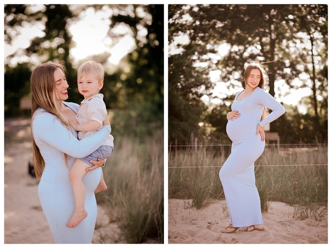 Pregnant mother and her young son walking hand in hand along the beach during a sunset maternity session photographed by a Baltimore Newborn Photographer.